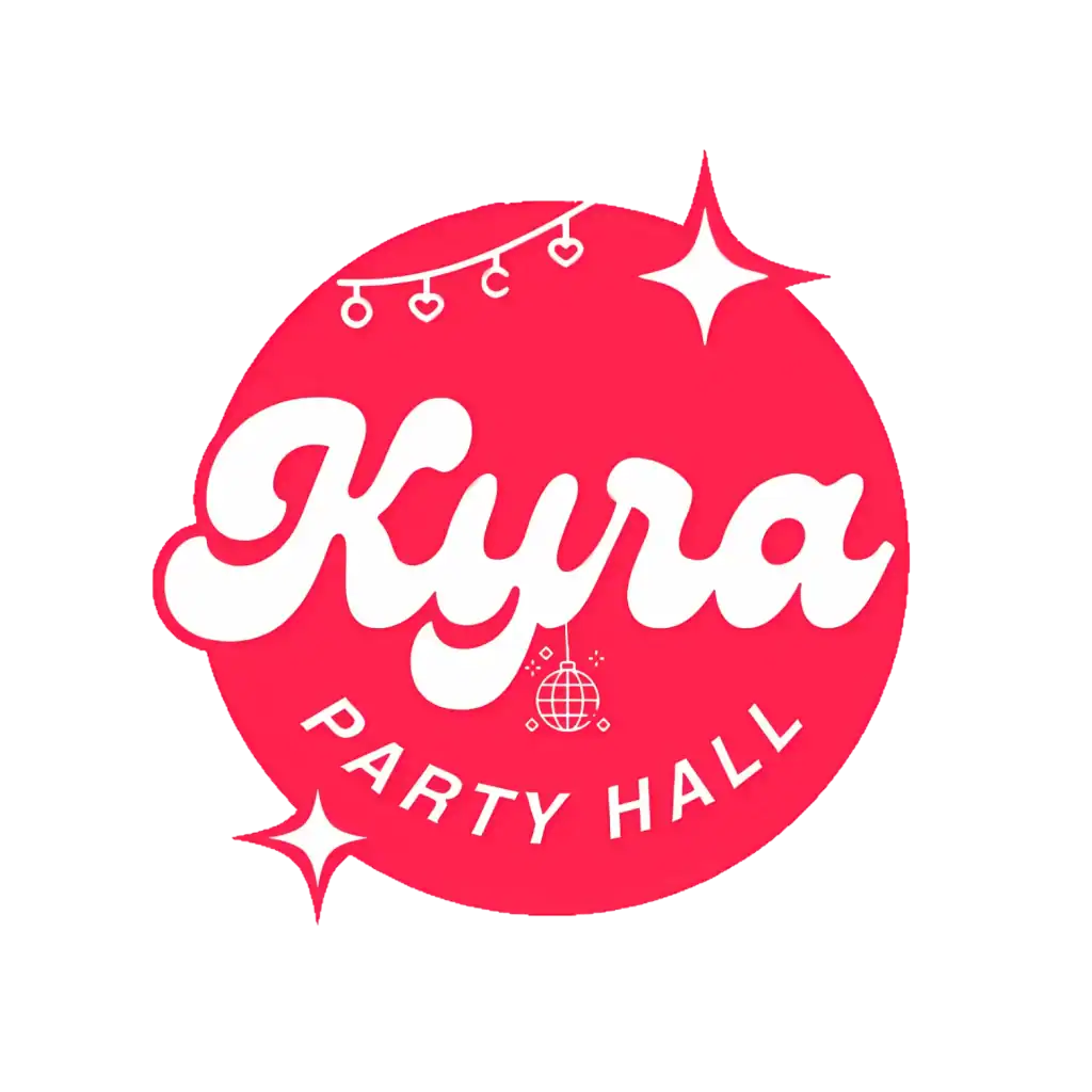 Kyra Party Hall logo with red circular design and festive elements
