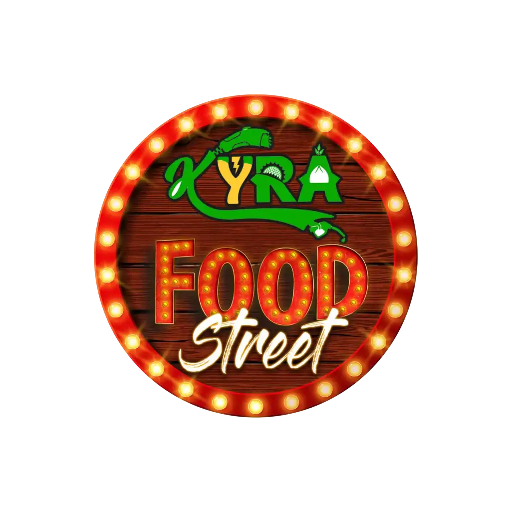 Kyra Food Street logo with illuminated wooden background and bold lettering