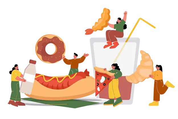 Fun illustration of people enjoying oversized fast food items